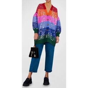 Farm Rio Rainbow Stripes Sequined Cardigan Oversized Size Medium NWOT